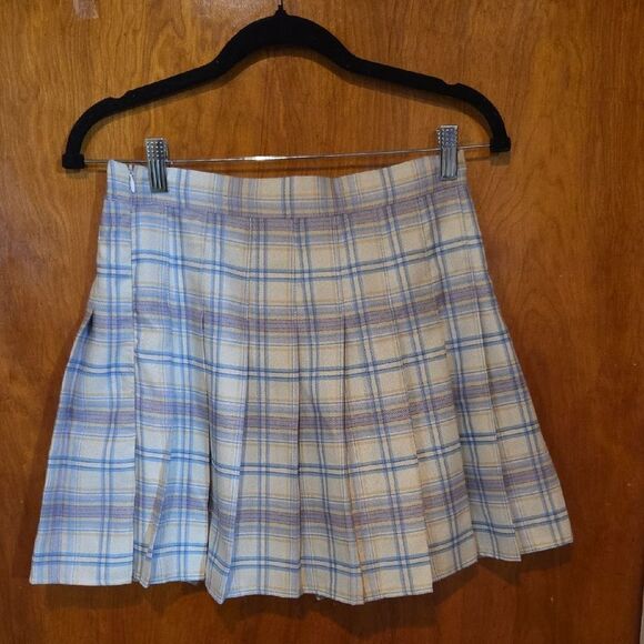 Plaid Pleated Skirt - Blue and Cream - Picture 1 of 3